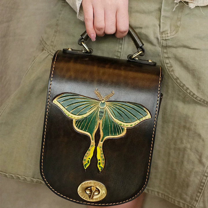 Satchel Backpack in Vegetable-Tanned Leather with Hand-Carved Luna Moth