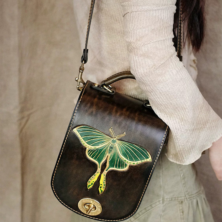 Satchel Backpack in Vegetable-Tanned Leather with Hand-Carved Luna Moth