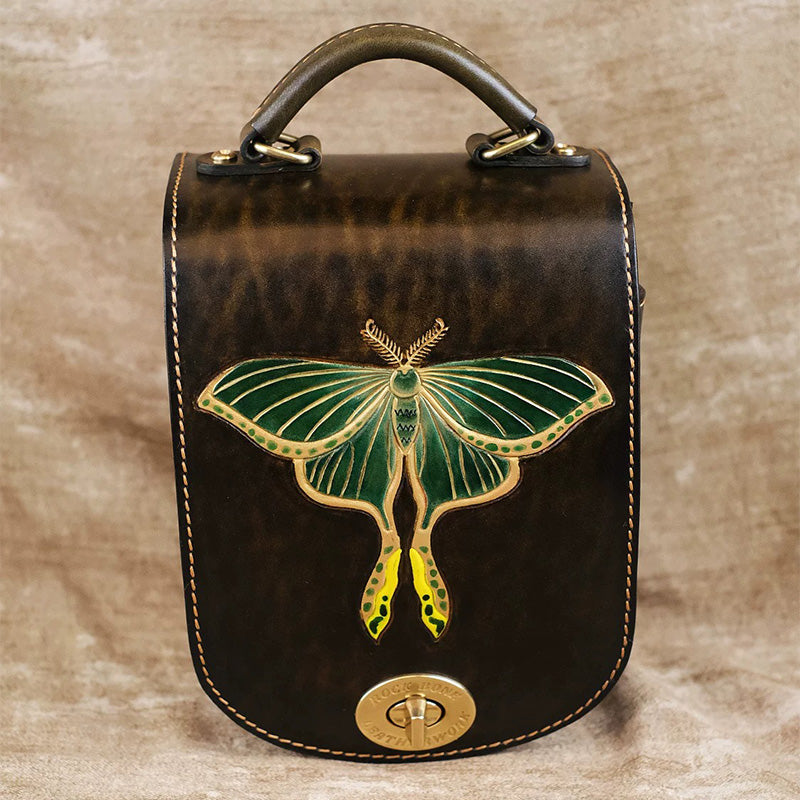 Satchel Backpack in Vegetable-Tanned Leather with Hand-Carved Luna Moth