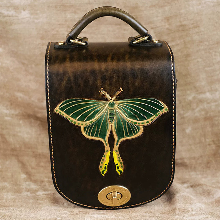 Satchel Backpack in Vegetable-Tanned Leather with Hand-Carved Luna Moth