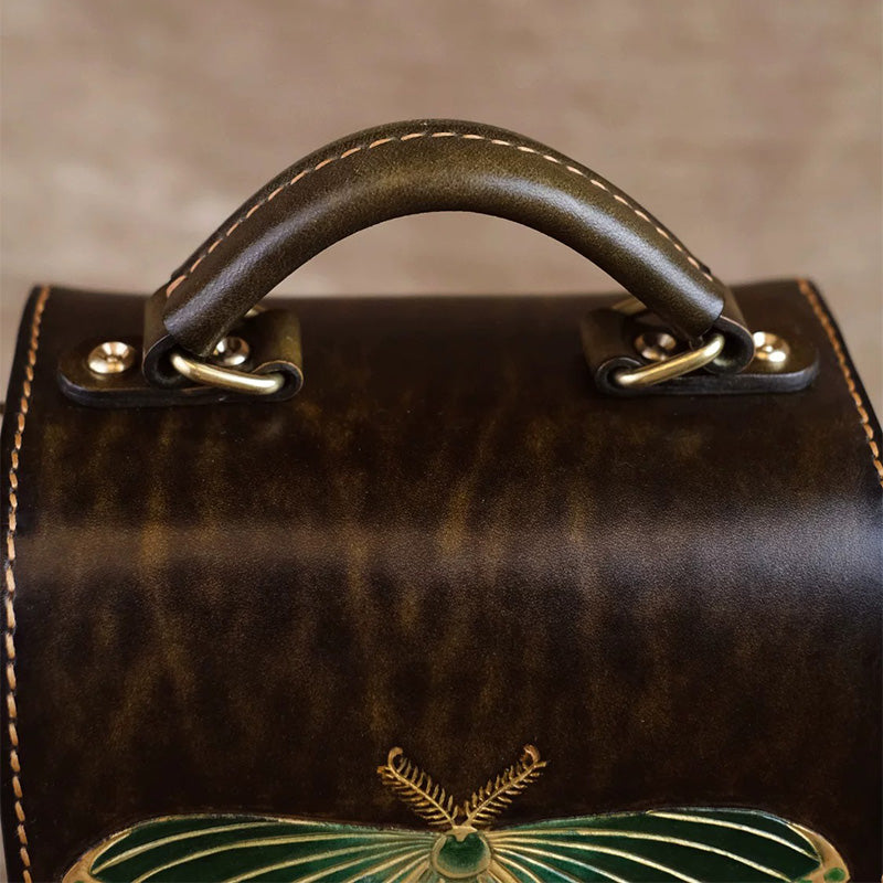 Satchel Backpack in Vegetable-Tanned Leather with Hand-Carved Luna Moth
