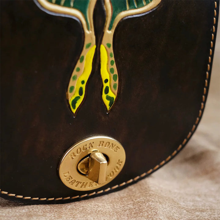 Satchel Backpack in Vegetable-Tanned Leather with Hand-Carved Luna Moth