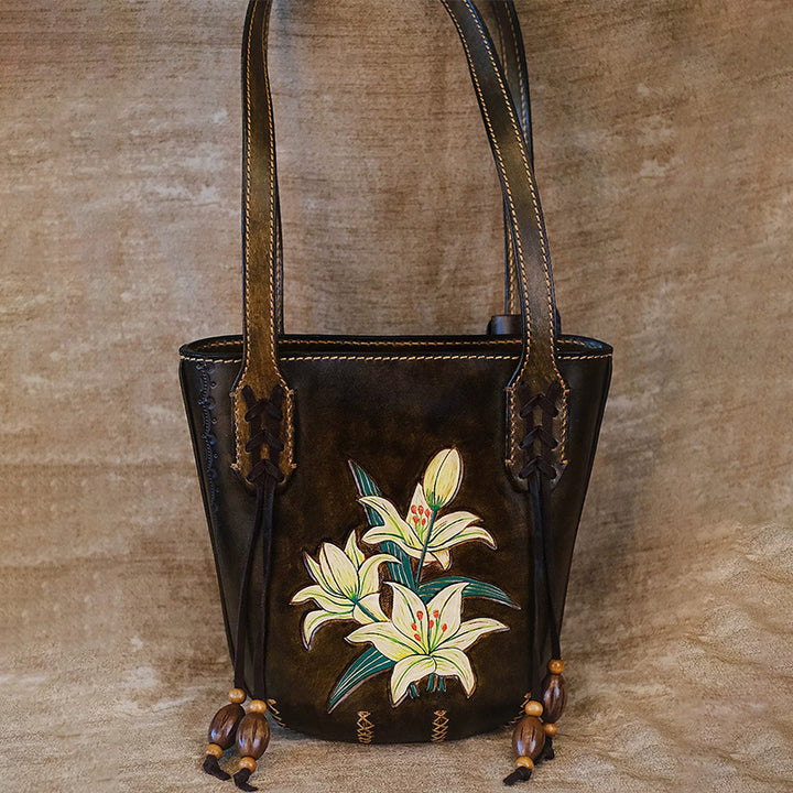 Leather Bucket Tote Bag with Hand-Tooled Lily Design