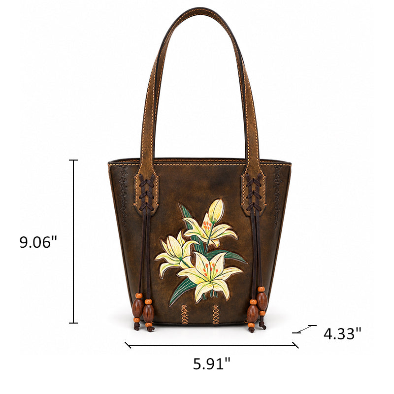 Leather Bucket Tote Bag with Hand-Tooled Lily Design
