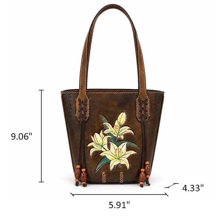 Leather Bucket Tote Bag with Hand-Tooled Lily Design