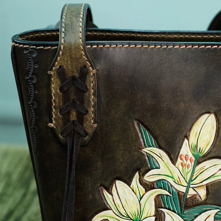 Leather Bucket Tote Bag with Hand-Tooled Lily Design