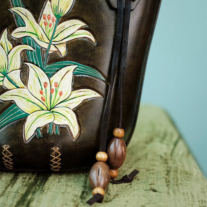 Leather Bucket Tote Bag with Hand-Tooled Lily Design