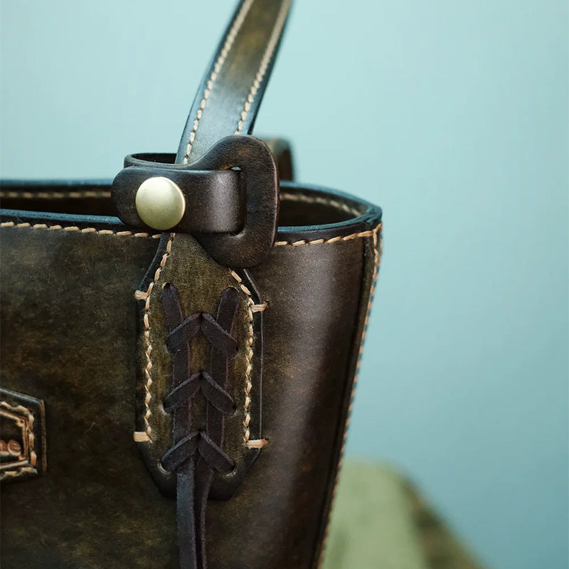 Leather Bucket Tote Bag with Hand-Tooled Lily Design