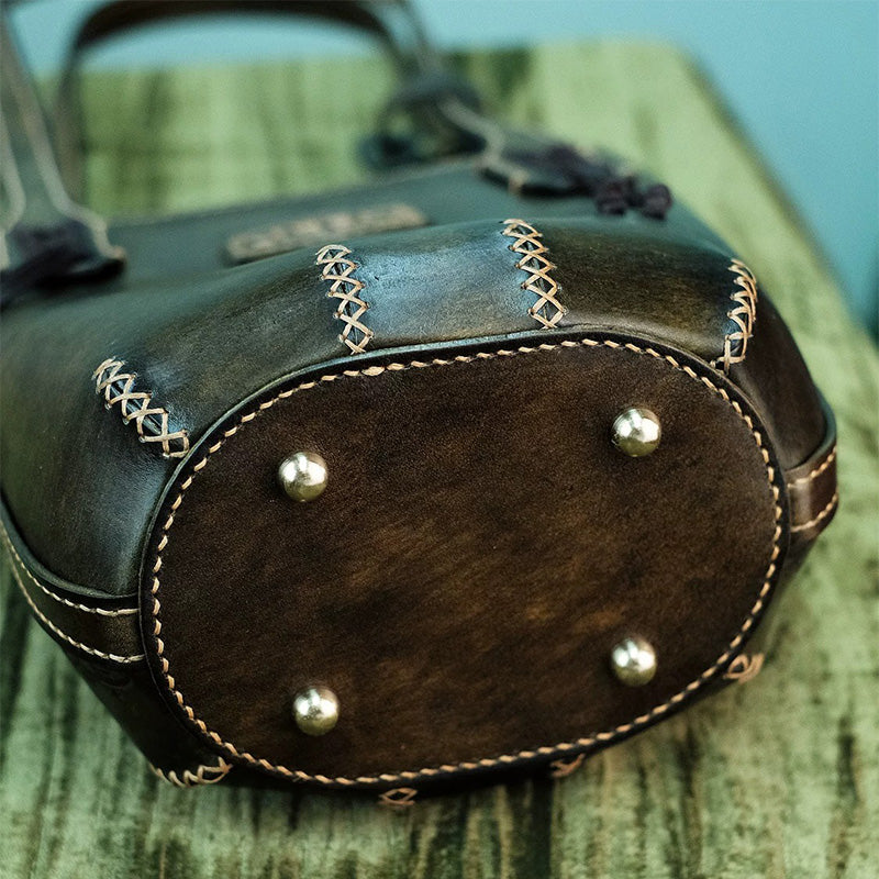 Leather Bucket Tote Bag with Hand-Tooled Lily Design