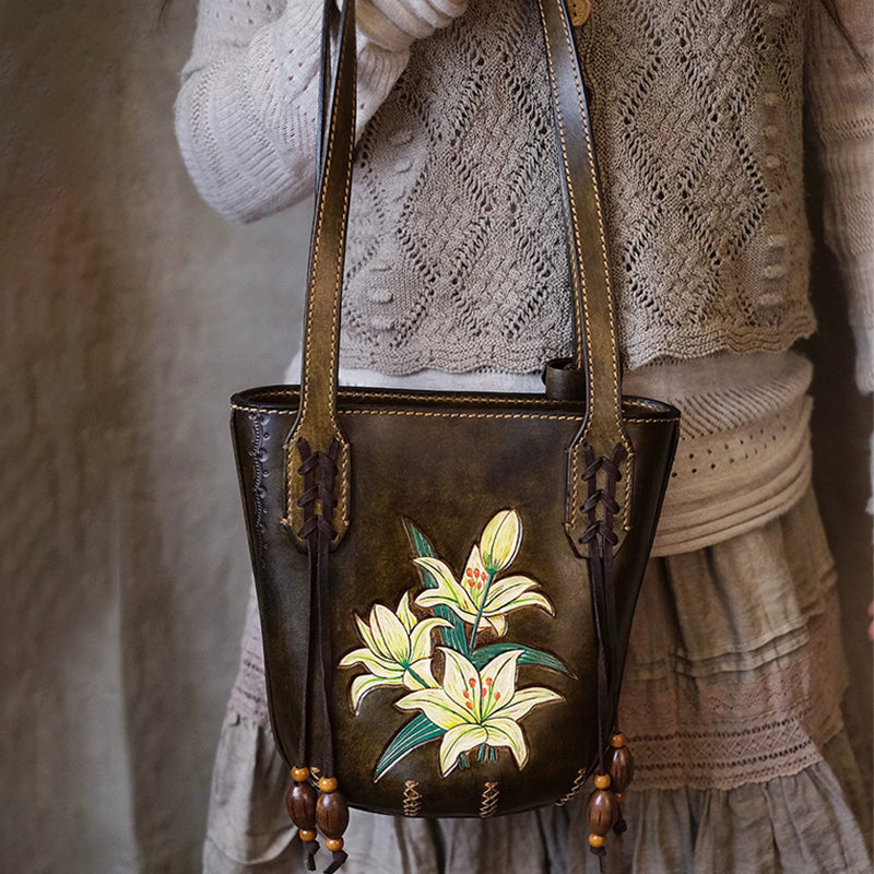 Leather Bucket Tote Bag with Hand-Tooled Lily Design