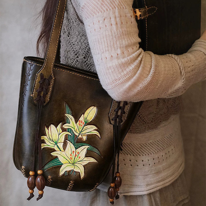 Leather Bucket Tote Bag with Hand-Tooled Lily Design