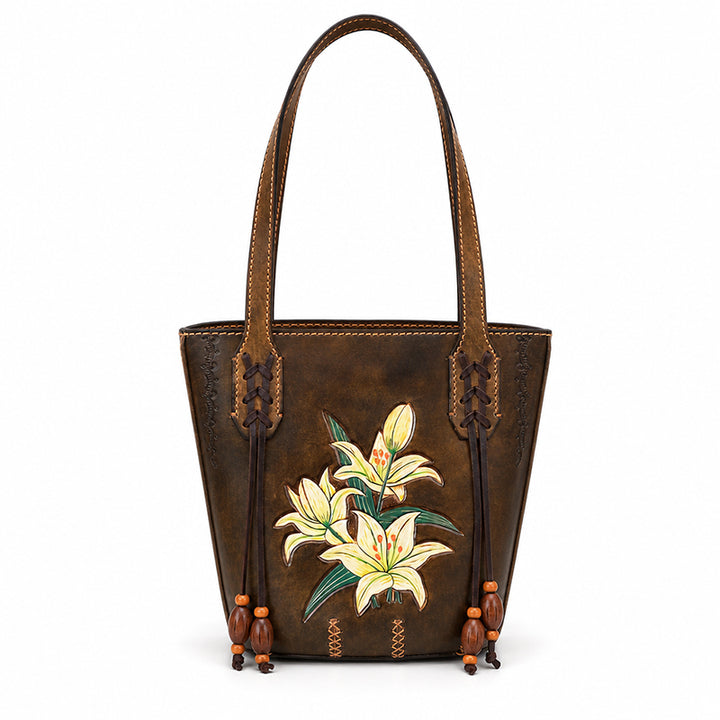 Leather Bucket Tote Bag with Hand-Tooled Lily Design