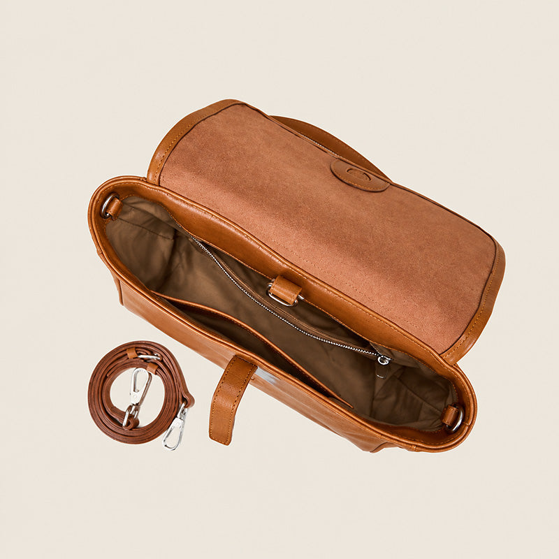 Vegetable Tanned Leather Shoulder Bag with Classic Flap