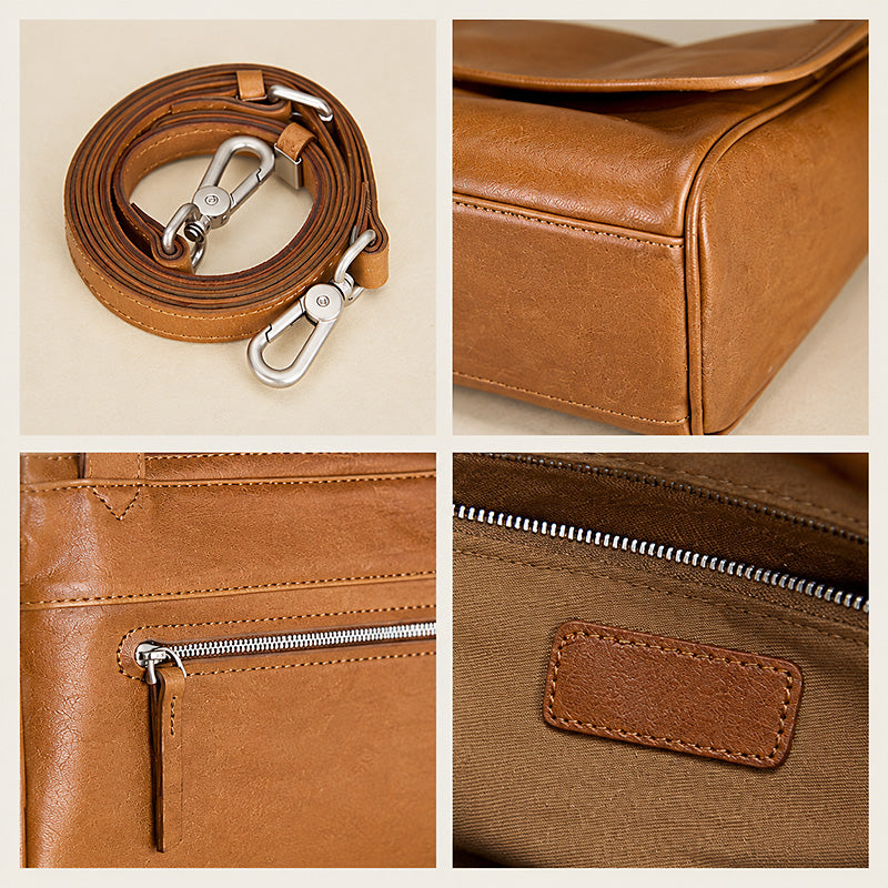 Vegetable Tanned Leather Shoulder Bag with Classic Flap