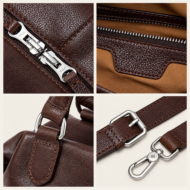 Vegetable Tanned Leather Boston Bag with Vintage Style &amp; Dual Zipper