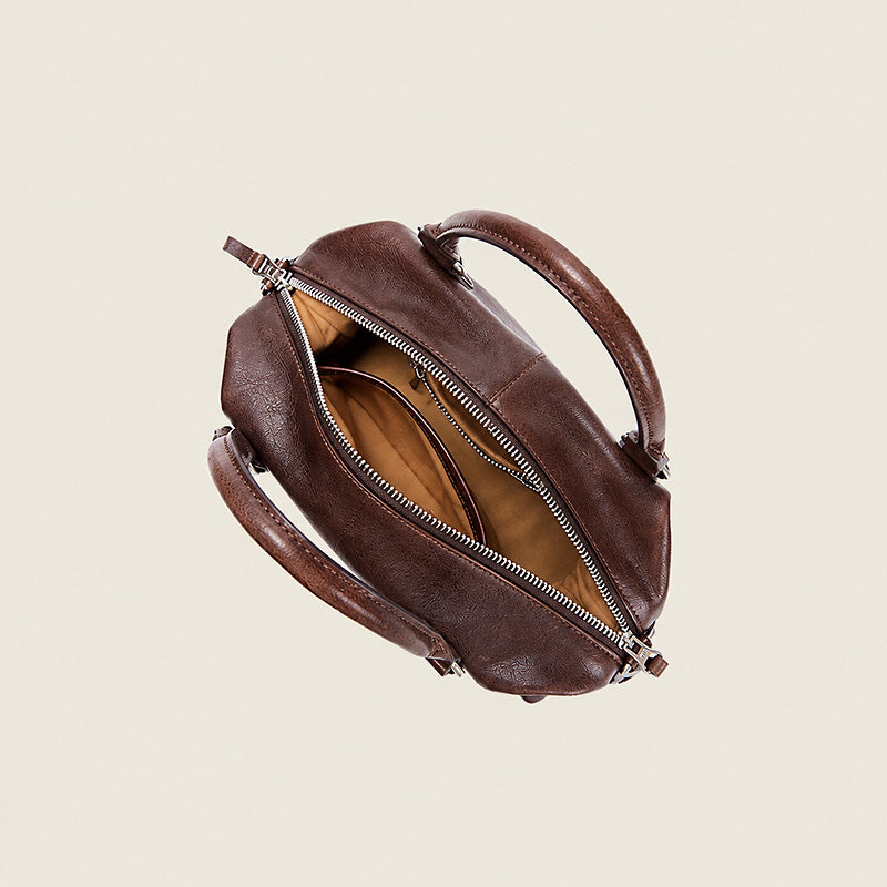 Vegetable Tanned Leather Boston Bag with Vintage Style &amp; Dual Zipper