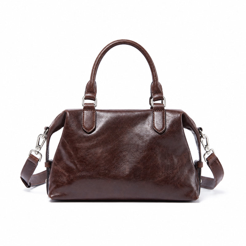 Vegetable Tanned Leather Boston Bag with Vintage Style &amp; Dual Zipper