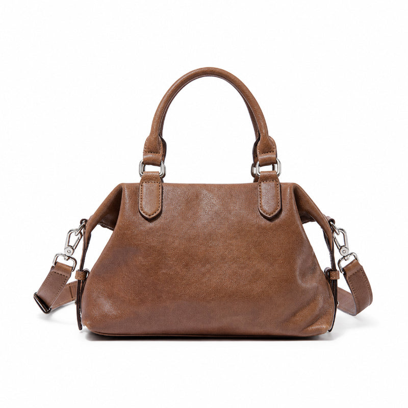 Vegetable Tanned Leather Boston Bag with Vintage Style &amp; Dual Zipper