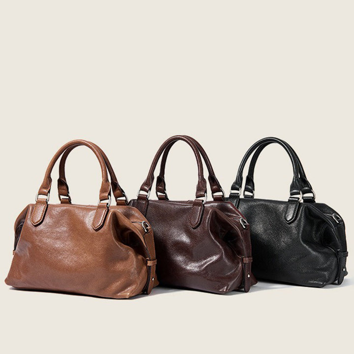 Vegetable Tanned Leather Boston Bag with Vintage Style &amp; Dual Zipper