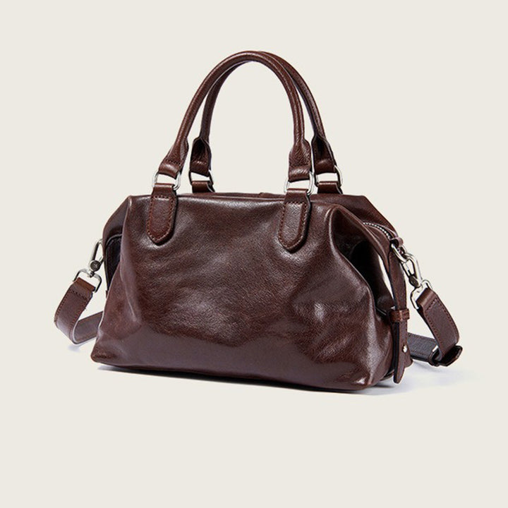 Vegetable Tanned Leather Boston Bag with Vintage Style &amp; Dual Zipper