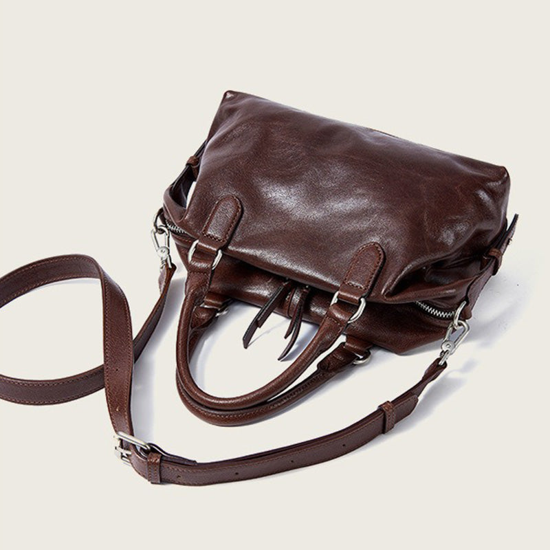Vegetable Tanned Leather Boston Bag with Vintage Style &amp; Dual Zipper