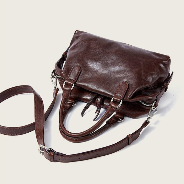 Vegetable Tanned Leather Boston Bag with Vintage Style &amp; Dual Zipper