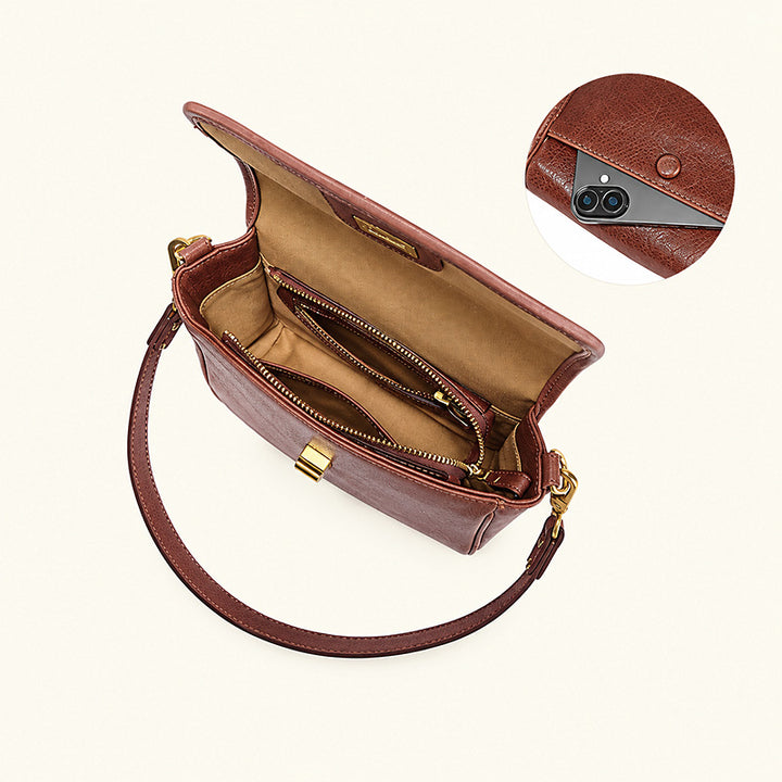 Small Vegetable Tanned Leather Flap Crossbody Bag with Twist Lock