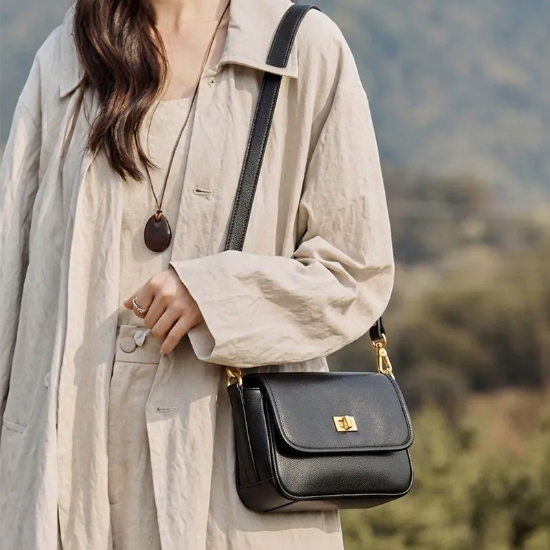 Small Vegetable Tanned Leather Flap Crossbody Bag with Twist Lock