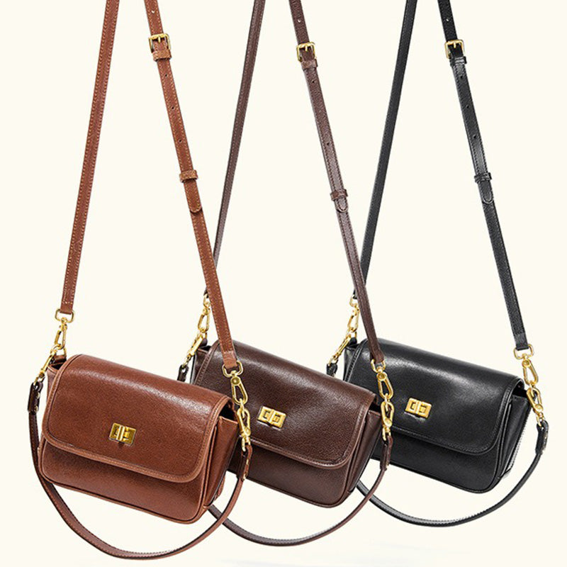 Small Vegetable Tanned Leather Flap Crossbody Bag with Twist Lock