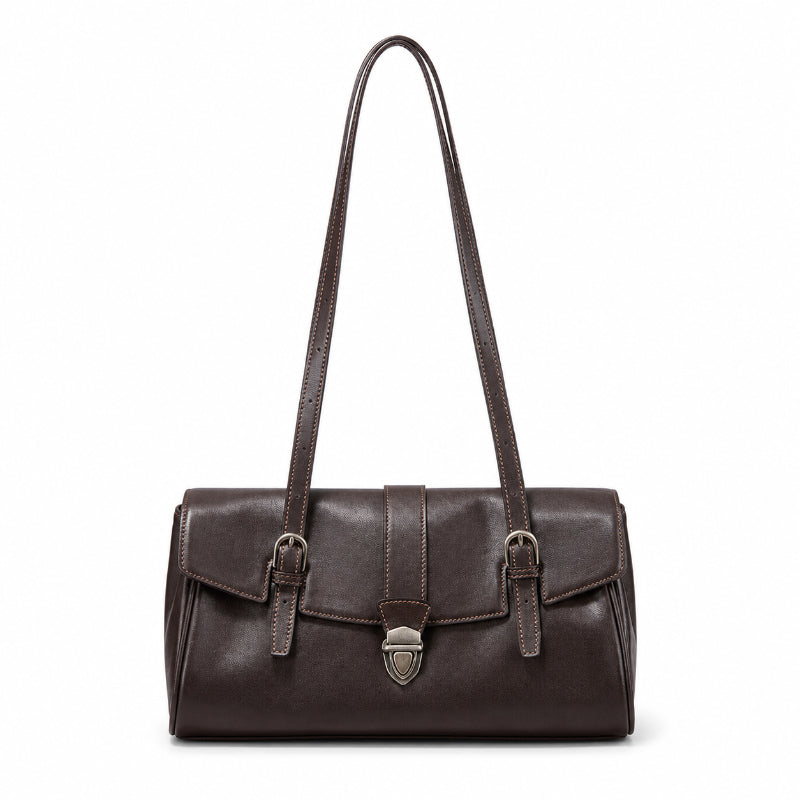 East-West Vegetable-Tanned Leather Shoulder Bag  with Vintage Buckle