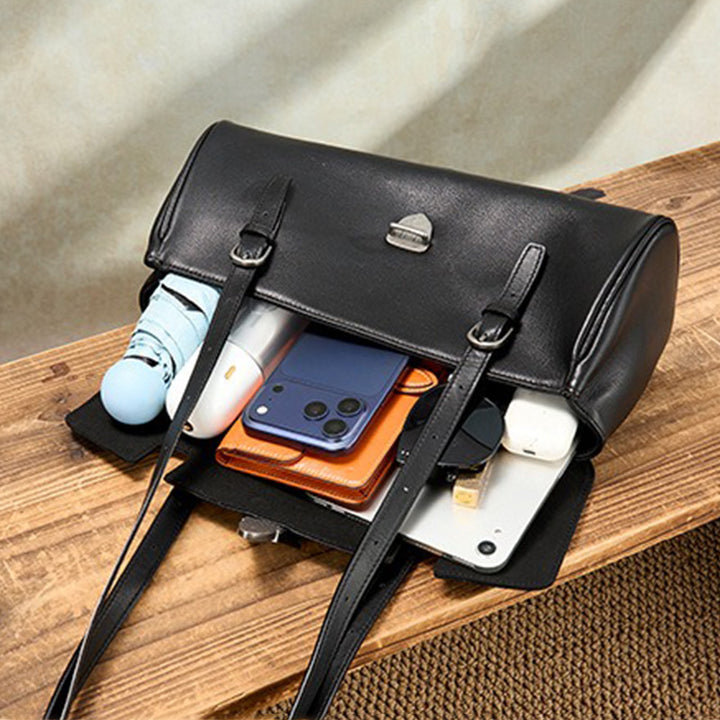 East-West Vegetable-Tanned Leather Shoulder Bag  with Vintage Buckle