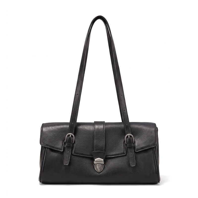 East-West Vegetable-Tanned Leather Shoulder Bag  with Vintage Buckle