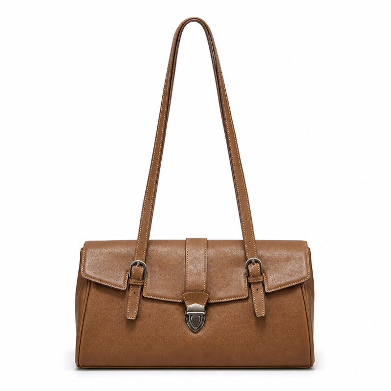 East-West Vegetable-Tanned Leather Shoulder Bag  with Vintage Buckle