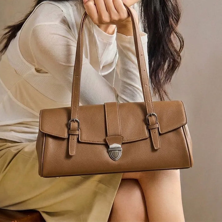 East-West Vegetable-Tanned Leather Shoulder Bag  with Vintage Buckle