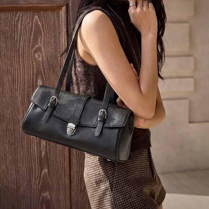 East-West Vegetable-Tanned Leather Shoulder Bag  with Vintage Buckle