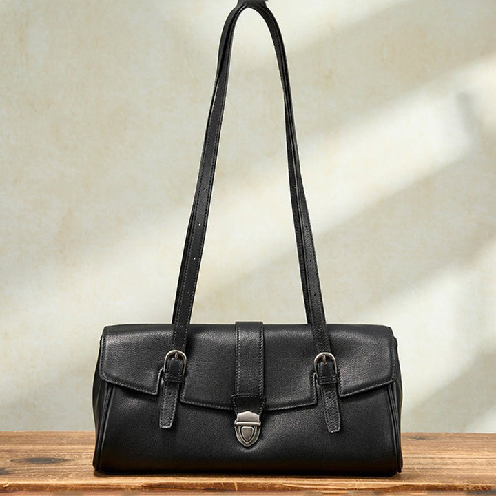 East-West Vegetable-Tanned Leather Shoulder Bag  with Vintage Buckle