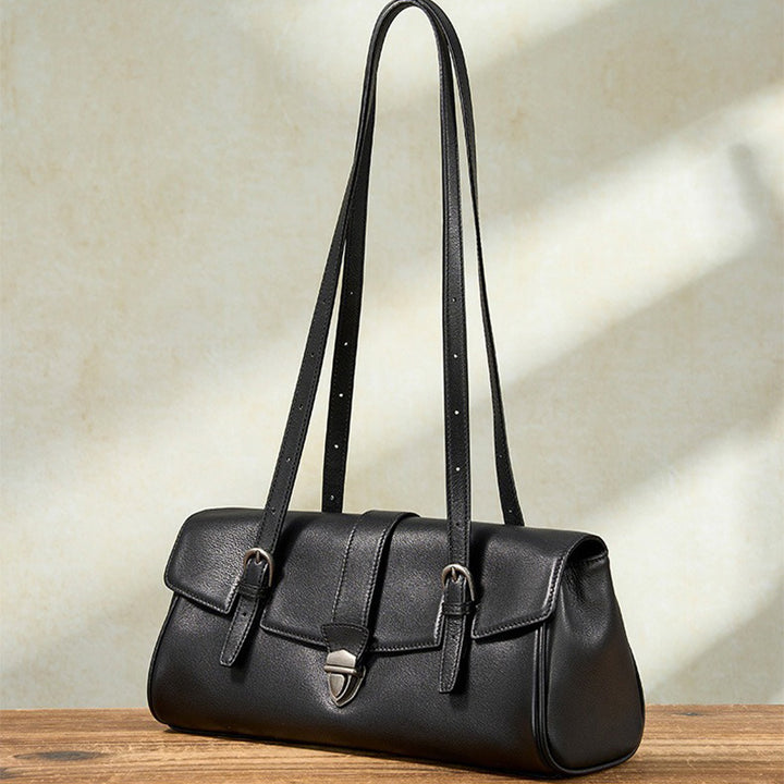 East-West Vegetable-Tanned Leather Shoulder Bag  with Vintage Buckle
