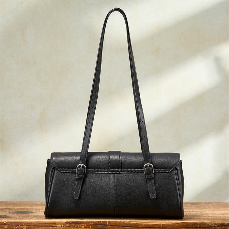 East-West Vegetable-Tanned Leather Shoulder Bag  with Vintage Buckle