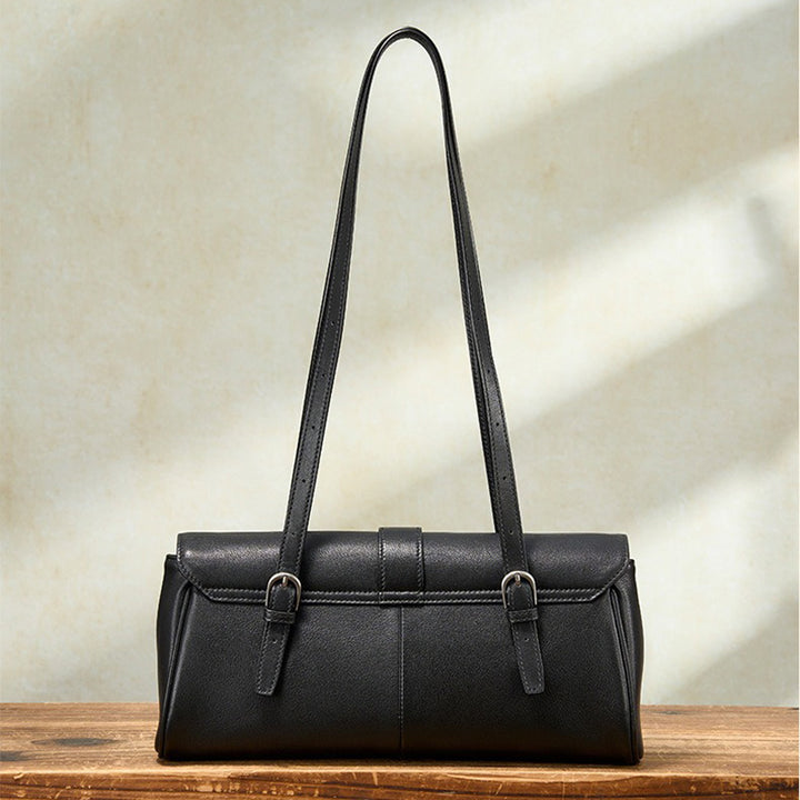 East-West Vegetable-Tanned Leather Shoulder Bag  with Vintage Buckle