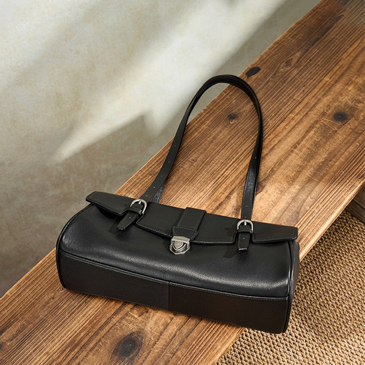 East-West Vegetable-Tanned Leather Shoulder Bag  with Vintage Buckle
