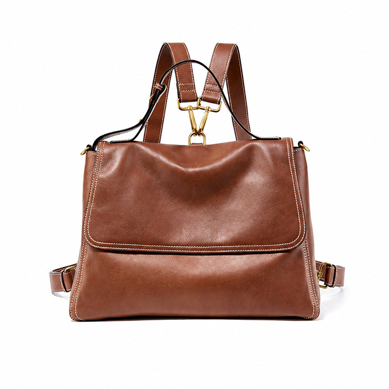 Vegetable Tanned Leather Convertible Backpack with Vintage Flap Design