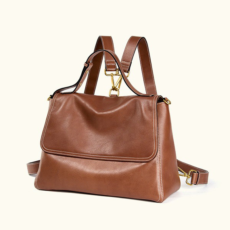 Vegetable Tanned Leather Convertible Backpack with Vintage Flap Design