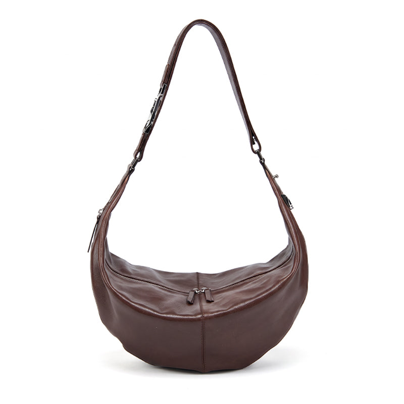 Vegetable Tanned Leather Crescent Hobo Bag with Side Zip Pocket