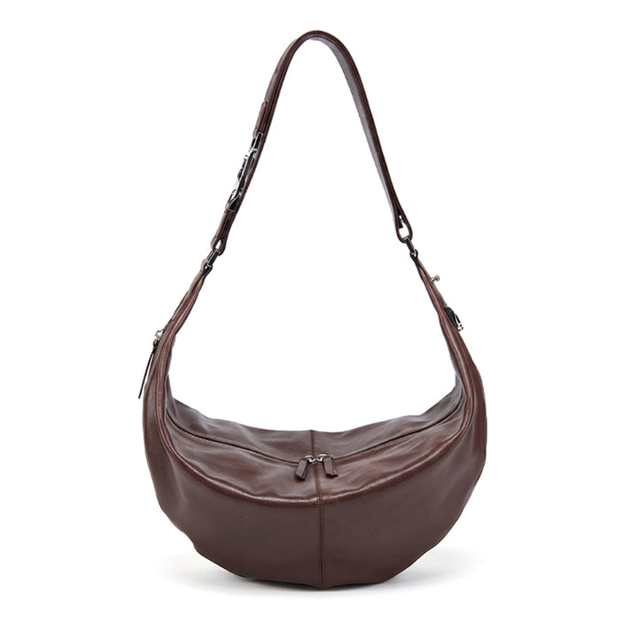 Vegetable Tanned Leather Crescent Hobo Bag with Side Zip Pocket