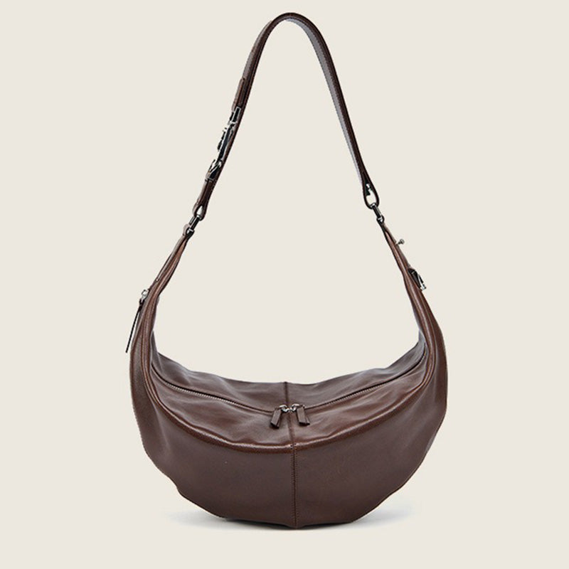 Vegetable Tanned Leather Crescent Hobo Bag with Side Zip Pocket