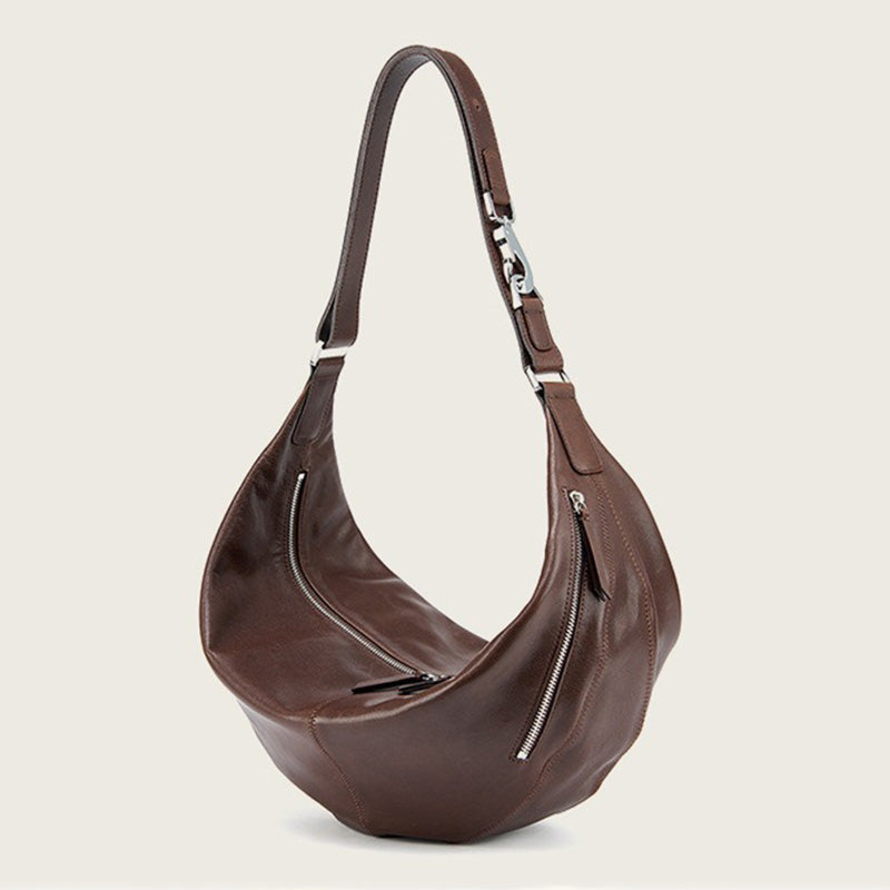Vegetable Tanned Leather Crescent Hobo Bag with Side Zip Pocket