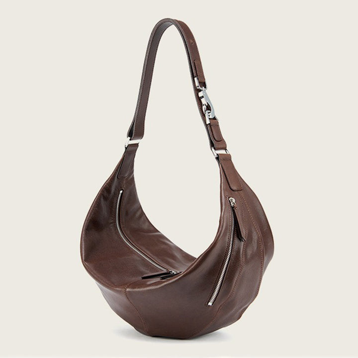 Vegetable Tanned Leather Crescent Hobo Bag with Side Zip Pocket
