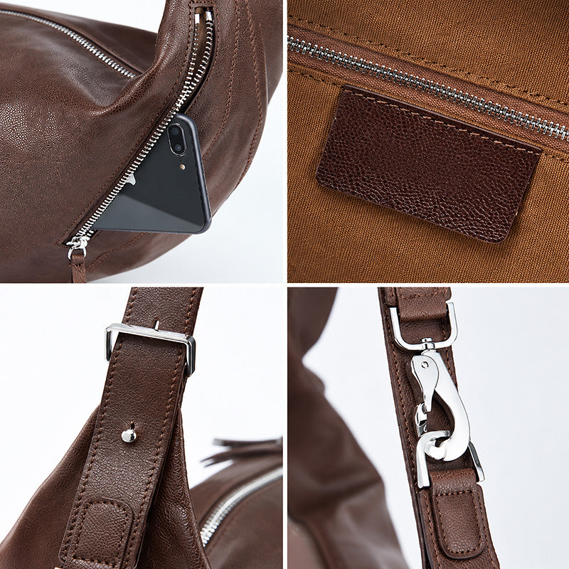 Vegetable Tanned Leather Crescent Hobo Bag with Side Zip Pocket