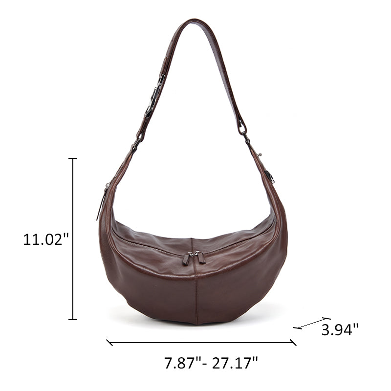 Vegetable Tanned Leather Crescent Hobo Bag with Side Zip Pocket