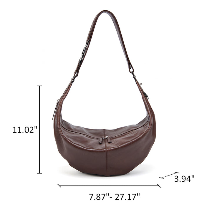 Vegetable Tanned Leather Crescent Hobo Bag with Side Zip Pocket